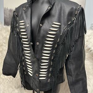 Black Leather Fringe Jacket with White Bead Accents